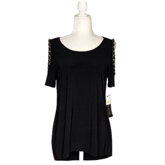 Coco Bianco Top Black Cold Shoulder Chain Strap Detail Top Size Medium NEW - Picture 1 of 13